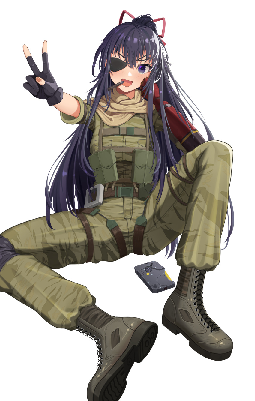 1girl absurdres bangom_r belt black_footwear boots bow commission cosplay cross-laced_footwear date_a_live eyepatch gloves hair_bow highres lace-up_boots long_hair mechanical_arms metal_gear_(series) metal_gear_solid_v:_the_phantom_pain military military_uniform partially_fingerless_gloves ponytail purple_hair simple_background solo uniform v venom_snake venom_snake_(cosplay) violet_eyes white_background yatogami_tooka