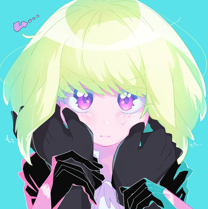 2boys black_gloves black_jacket blonde_hair blue_background blush galo_thymos gloves half_gloves highres holding_another's_wrist jacket lio_fotia looking_at_viewer looking_up male_focus multiple_boys otoko_no_ko pov pov_hands promare short_hair sidelocks solo_focus sweatdrop v-shaped_eyebrows violet_eyes yzyz630