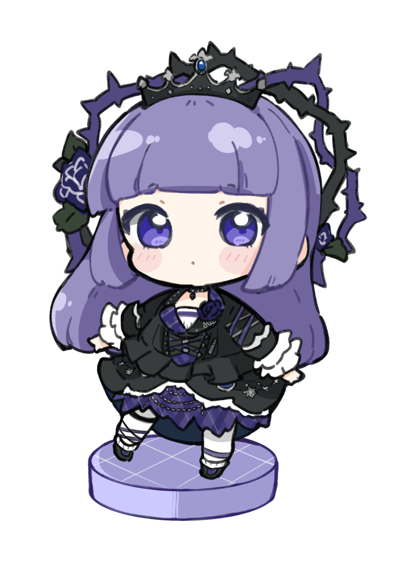 1girl aikatsu! aikatsu!_(series) black_dress black_footwear blush_stickers chibi closed_mouth commentary_request dress flower full_body highres hikami_sumire long_hair long_sleeves looking_at_viewer nozo_(hitomiz) plaid plaid_skirt purple_flower purple_hair purple_rose purple_skirt rose shoes simple_background skirt solo standing standing_on_one_leg thorns tiara very_long_hair violet_eyes white_background