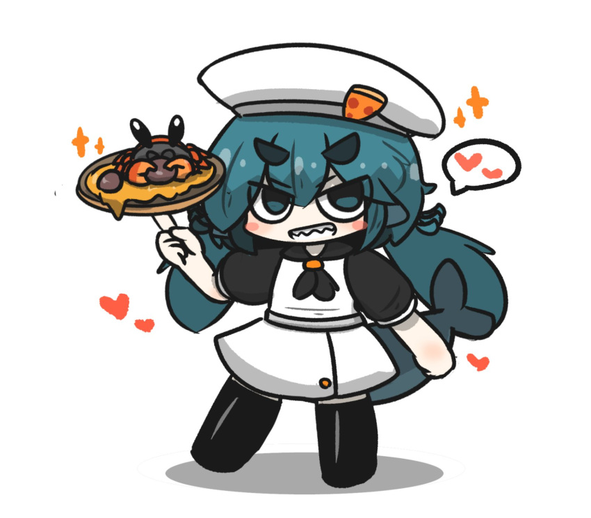 1girl animal beret black_thighhighs blue_eyes blue_hair blush_stickers chibi commentary_request crab fins fish_tail food fuka-chan full_body grin hair_between_eyes hat heart highres long_hair looking_at_viewer original pizza puffy_short_sleeves puffy_sleeves shark_tail sharp_teeth shirt short_eyebrows short_sleeves simple_background skirt smile solo sparkle spoken_heart standing standing_on_one_leg tail teeth thick_eyebrows thigh-highs uni_souchou very_long_hair white_background white_headwear white_shirt white_skirt
