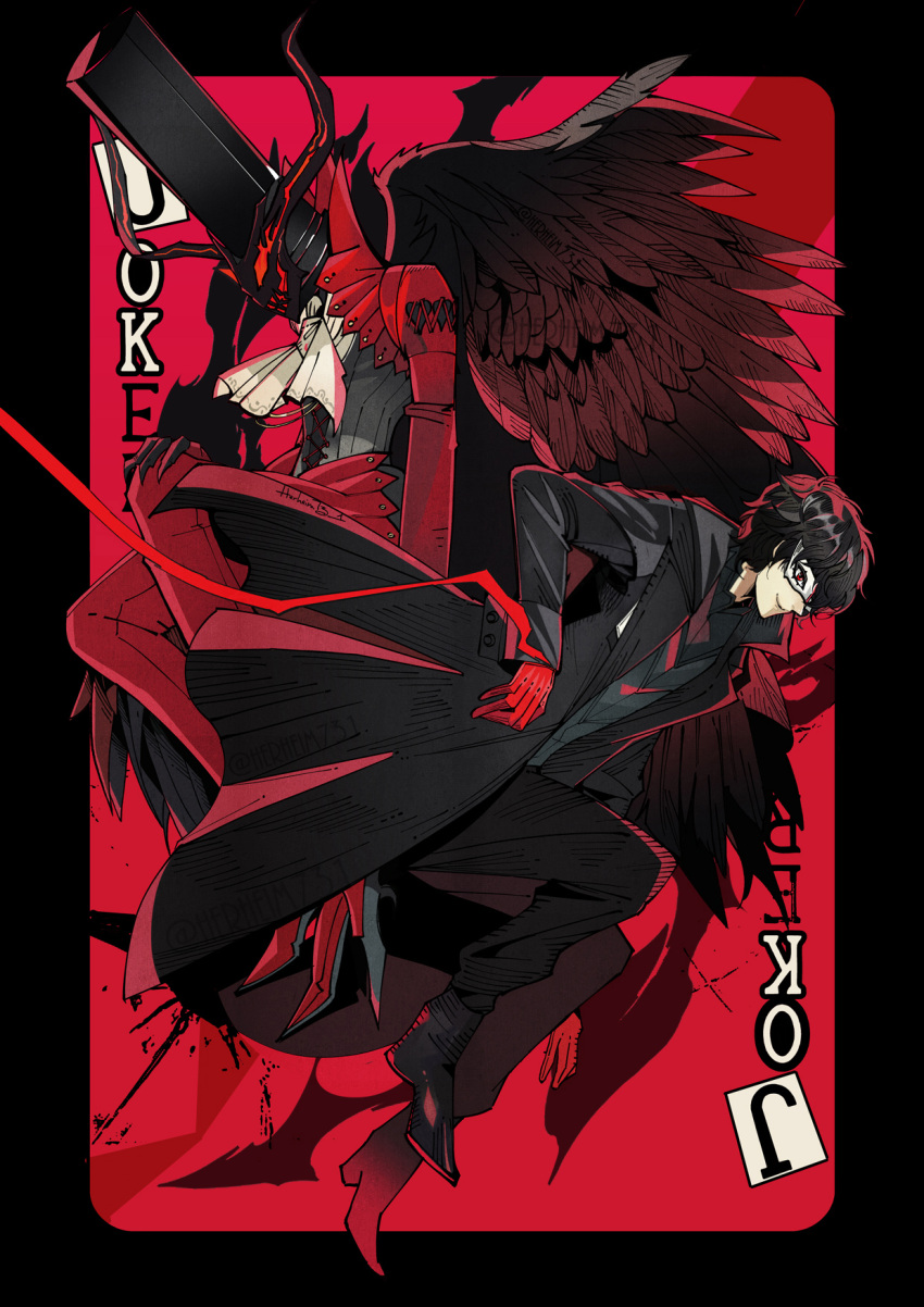 2boys amamiya_ren arsene_(persona_5) ascot black_border black_hair border denny626 english_text gloves hat high_heels highres mask multiple_boys persona persona_5 red_background red_footwear red_gloves shoes short_hair smile top_hat white_ascot