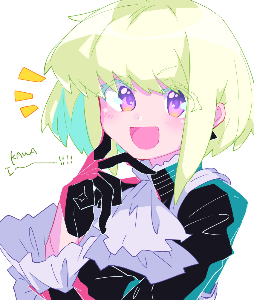 1boy :d absurdres ascot black_gloves black_jacket blonde_hair colored_eyelashes earrings frilled_sleeves frills gloves half_gloves hand_on_own_face highres jacket jewelry lio_fotia looking_at_viewer male_focus open_mouth otoko_no_ko promare short_hair sidelocks simple_background smile solo triangle_earrings violet_eyes white_ascot white_background yzyz630