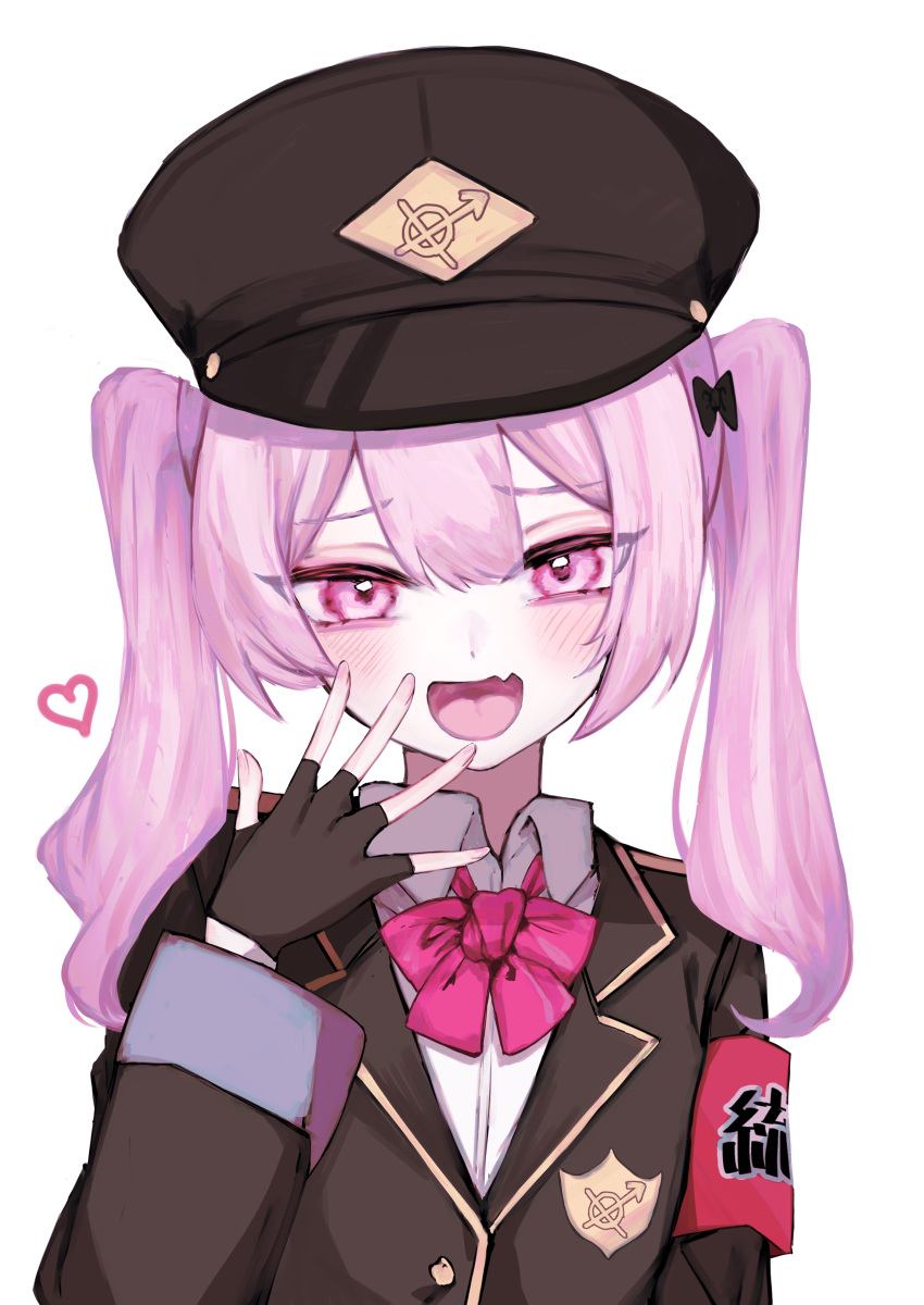 1girl absurdres armband black_bow black_coat black_headwear blush bow bowtie coat collared_shirt commentary_request fang hair_between_eyes hair_bow hair_ornament hand_up hat heart highres lapels long_sleeves looking_at_viewer military_hat open_mouth original peaked_cap pink_bow pink_bowtie pink_eyes pink_hair red_armband shirt simple_background skin_fang smug solo twintails upper_body white_background white_shirt yagiusagi