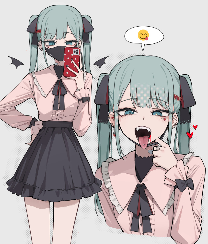 1girl bandaid bandaid_on_neck black_mask black_nails black_skirt blood blood_on_face blue_eyes cellphone ear_piercing emoji grey_background hair_ornament hair_ribbon hairclip hand_on_own_hip hatsune_miku highres holding holding_phone jewelry long_hair long_sleeves looking_at_viewer mask mask_pull multiple_views nail_polish open_mouth phone piercing ribbon simple_background skirt smartphone tanosii_chan twintails vampire_(vocaloid) vocaloid