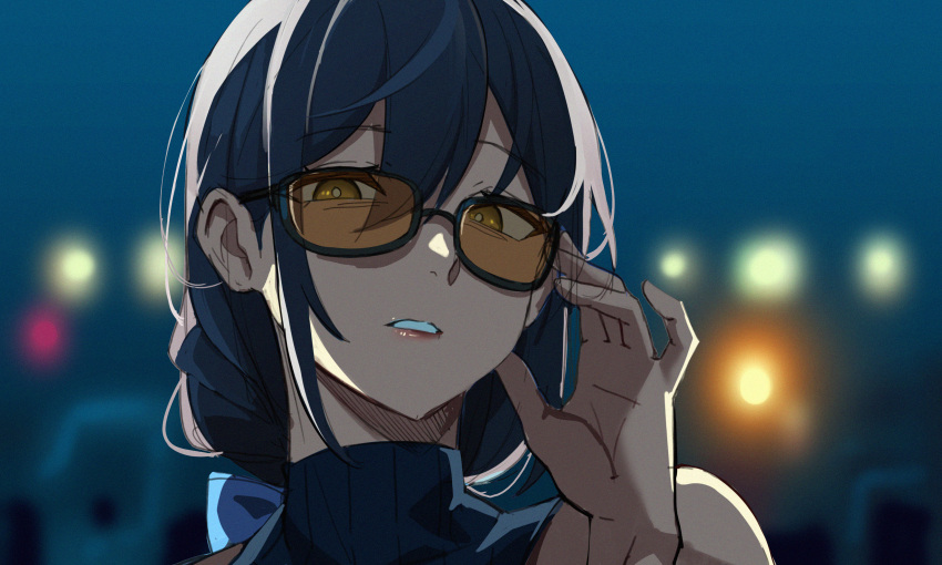 1girl absurdres adjusting_eyewear bare_shoulders blue_bow blue_hair blurry blurry_background bow bright_pupils dark_blue_hair frown glasses hair_bow hair_ornament highres looking_at_viewer original solo turtleneck upper_body vuxer white_pupils