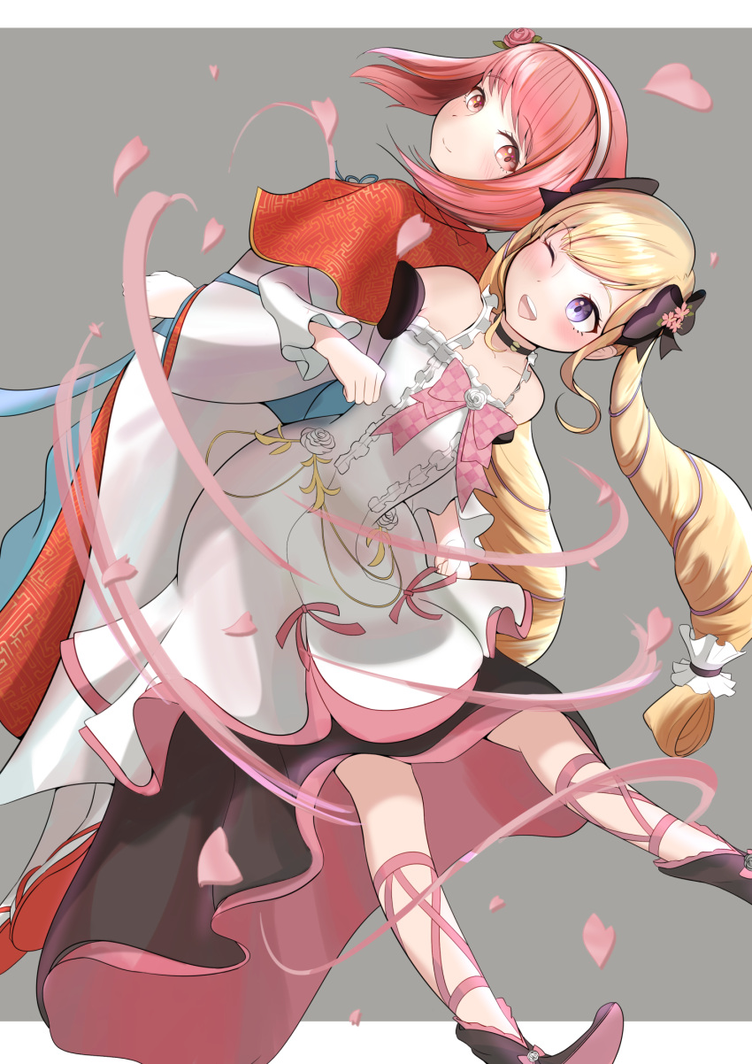 2girls :d bad_dobbyyyyy bare_shoulders blonde_hair bow breast_press choker dress elise_(fire_emblem) elise_(valentine)_(fire_emblem) fire_emblem fire_emblem_fates fire_emblem_heroes flower grey_background hair_bow hair_ornament hairband highres japanese_clothes kimono long_hair long_sleeves looking_at_another looking_back multicolored_hair multiple_girls official_alternate_costume one_eye_closed open_mouth pink_eyes pink_hair purple_hair sakura_(fire_emblem) sakura_(valentine)_(fire_emblem) simple_background smile symmetrical_docking twintails two-tone_hair very_long_hair violet_eyes white_kimono wide_sleeves