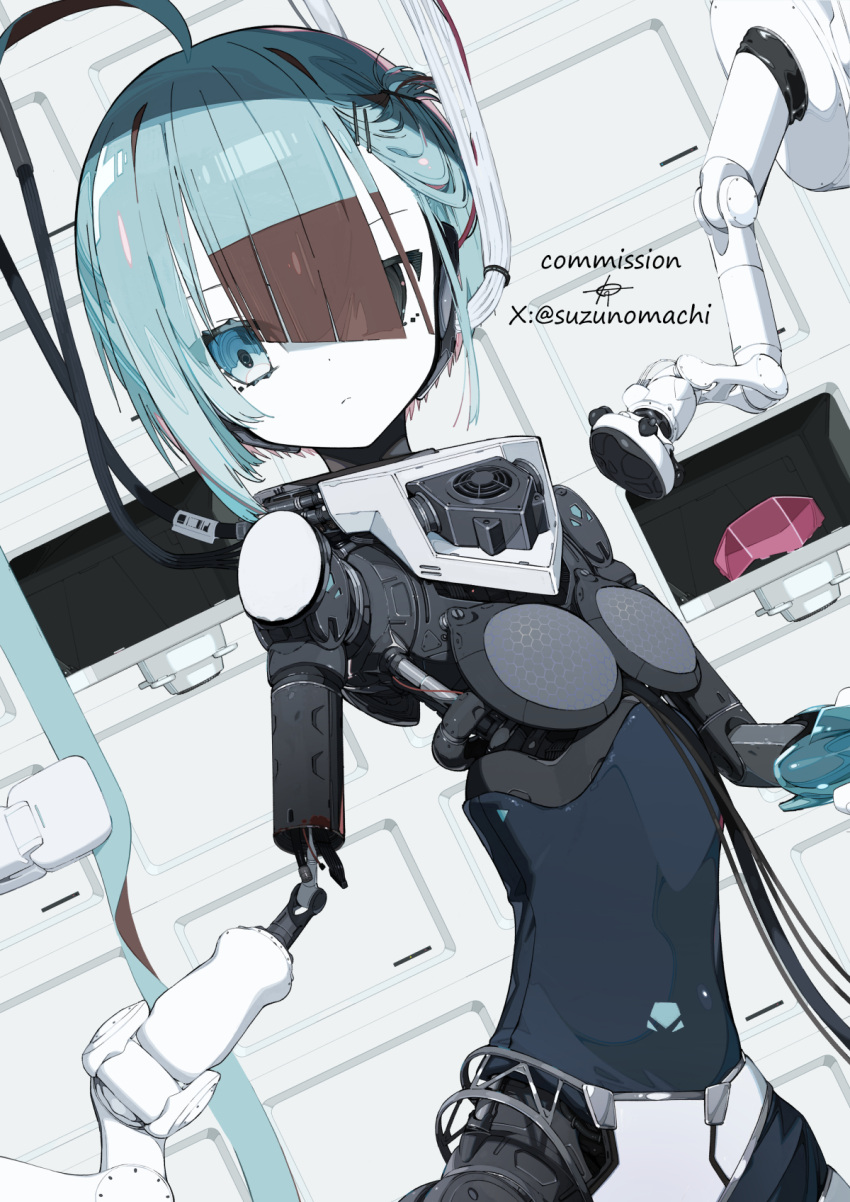 1girl ahoge blue_eyes blue_hair breasts brown_hair cable colored_skin commission cowboy_shot hair_over_eyes highres huge_ahoge joints looking_at_viewer maintenance mechanical_parts multicolored_hair original piston repairing robot_girl robot_joints short_hair skeb_commission small_breasts solo suzukou two-tone_hair white_skin