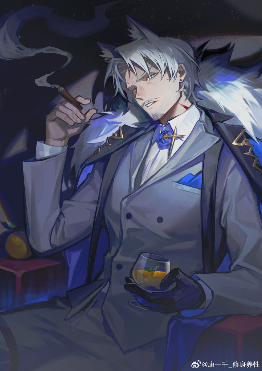 1boy alberto_saluzzo_(arknights) animal_ears arknights blue_eyes cigar coat cup disdain drinking_glass facial_hair feet_out_of_frame goatee grey_hair head_tilt highres holding holding_cigar holding_cup kang_yiqian_(self_cultivation) looking_at_viewer male_focus mature_male mustache short_hair sitting smoking solo suit thick_eyebrows wine_glass wolf_ears