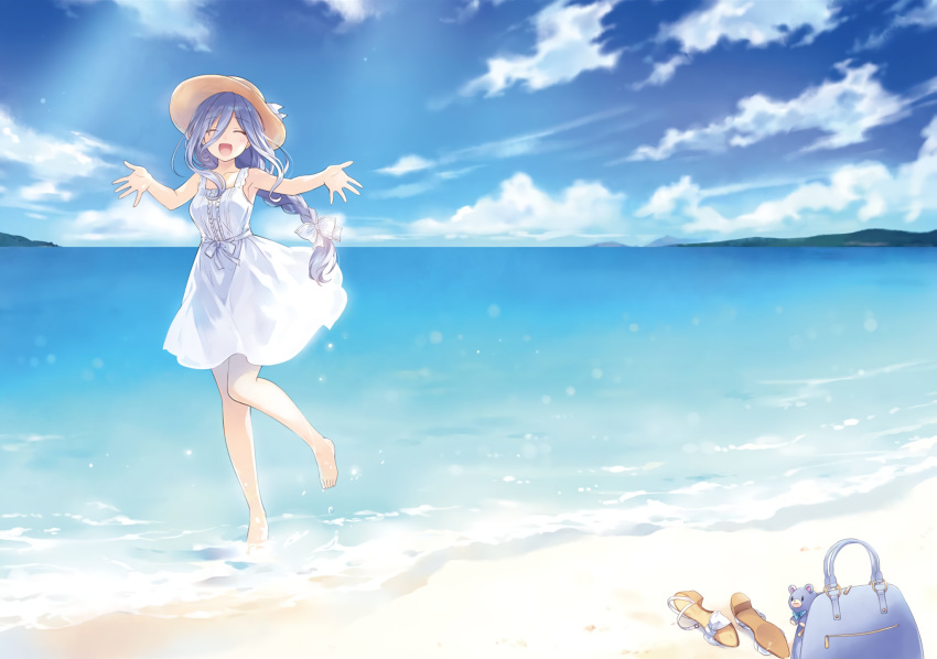 bare_legs barefoot blue_hair blue_sky braid closed_eyes clouds date_a_live dress facing_viewer hair_between_eyes highres long_hair ocean open_hand open_mouth outstretched_arms sand sky smile stuffed_animal stuffed_toy takamiya_mio teddy_bear tsunako water white_dress
