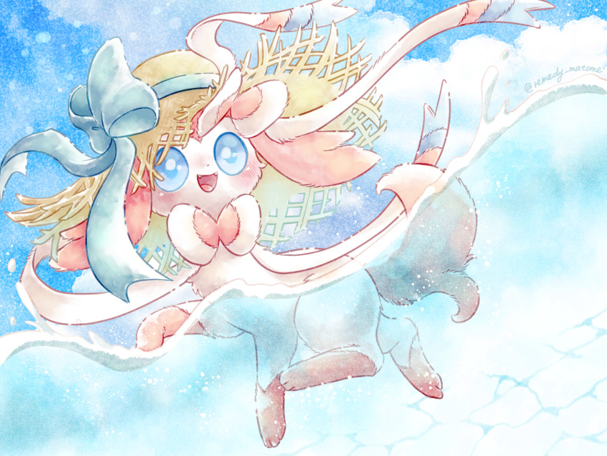 :d blue_eyes blush bow commentary_request fangs green_bow happy hat hat_bow highres no_humans open_mouth partially_underwater_shot pokemon pokemon_(creature) remedy_matome smile solo straw_hat swimming sylveon tongue water yellow_headwear