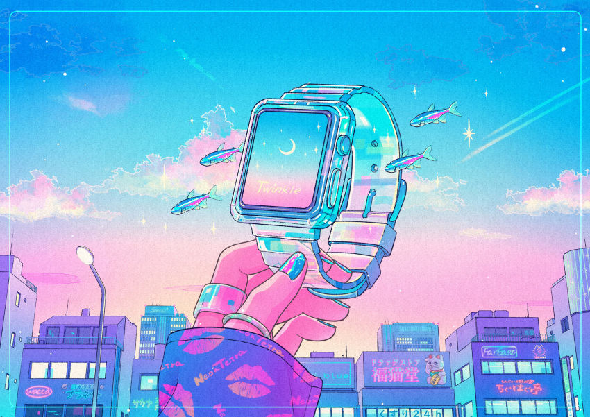 1girl apple_watch aqua_nails artist_name blue_sky border building city clouds commentary crescent_moon evening female_pov fish hand_up highres holding jewelry lamppost long_sleeves moon multicolored_nails multiple_rings nail_polish neon_lights neon_tetra original out_of_frame outdoors pov pov_hands purple_nails ring sky sleeves_past_wrists smartwatch solo sparkle tropical_fish wacca005 watch watch