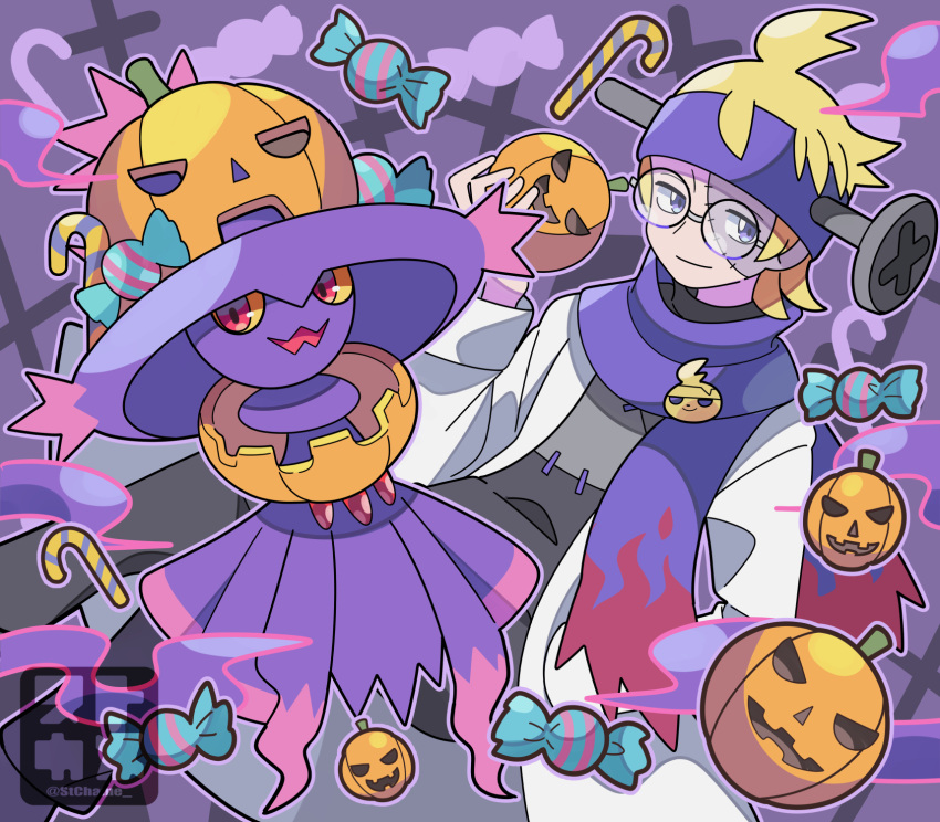 1boy alternate_costume blonde_hair candy candy_cane candy_wrapper closed_mouth coat commentary_request food glasses halloween_costume hand_up headband highres holding jack-o'-lantern male_focus mismagius morty_(pokemon) open_clothes open_coat pants pokemon pokemon_(creature) pokemon_(game) pokemon_hgss purple_headband purple_scarf round_eyewear scarf smile stitches sutokame white_coat
