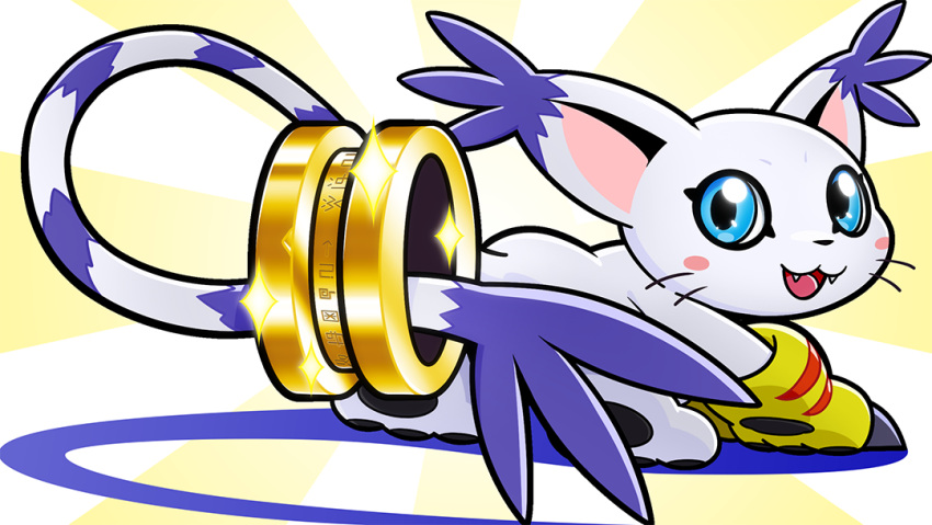 :3 artist_request cat digimoji digimon digimon_(creature) glint gloves holy_ring looking_at_viewer looking_back no_humans official_art pawpads striped_tail tail tailmon