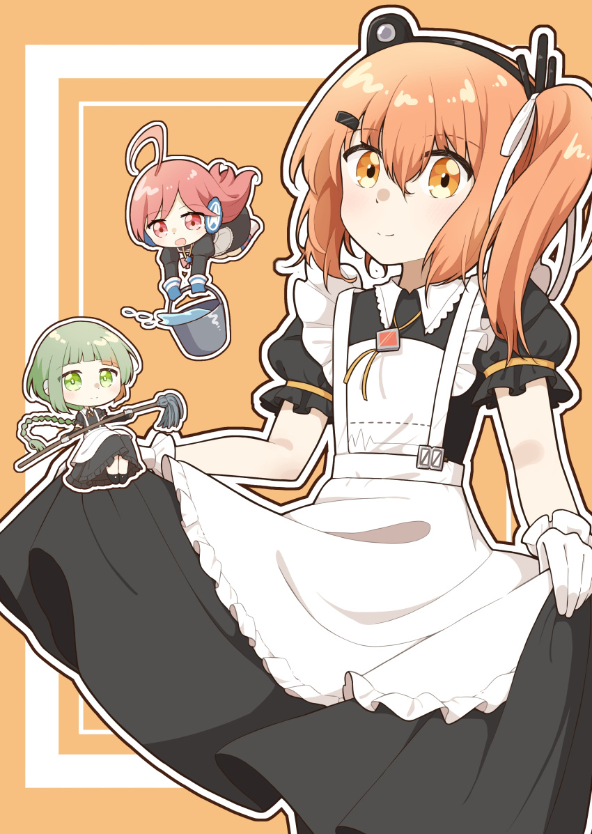 3girls a.i._voice absurdres adachi_rei ahoge alternate_costume apron black_dress blunt_bangs bolo_tie braid braided_ponytail bucket bucket_of_water chibi chibi_inset chis-a closed_mouth collared_dress cowboy_shot dress enmaided frilled_apron frilled_gloves frills gloves green_hair hair_ornament hair_ribbon hairclip headlamp highres holding holding_bucket holding_mop long_hair looking_at_viewer maid maid_apron mop multicolored_hair multiple_girls open_mouth orange_background orange_hair outline pink_eyes pink_hair puffy_short_sleeves puffy_sleeves radio_antenna ribbon robot_ears sf-a2_miki short_sleeves side_ponytail skirt_hold smile streaked_hair utau vocaloid voisona white_apron white_gloves white_outline white_ribbon yu_ying_(puuarfmm0qqcw1f)