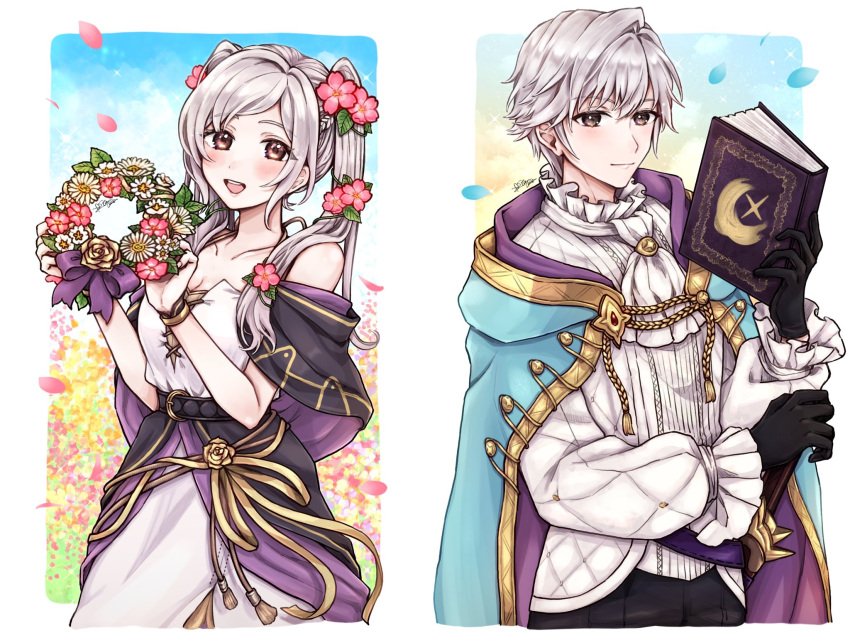 1boy 1girl ascot black_gloves black_pants blue_cape blush book brown_eyes cape collarbone commentary_request fire_emblem fire_emblem_awakening fire_emblem_heroes flower gloves gold_trim hair_between_eyes hair_flower hair_ornament head_wreath highres holding holding_book long_hair long_sleeves looking_at_viewer misato_hao off_shoulder official_alternate_costume pants petals pink_flower robin_(female)_(fire_emblem) robin_(female)_(valentine)_(fire_emblem) robin_(fire_emblem) robin_(male)_(exalt's_deliverer)_(fire_emblem) robin_(male)_(fire_emblem) short_hair smile swept_bangs twintails white_ascot white_pants
