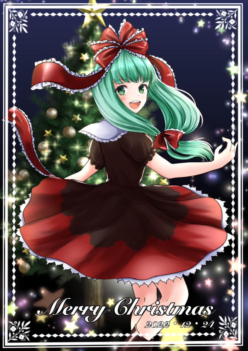 1girl blurry blurry_background boots bow brown_footwear christmas christmas_tree dated dress english_text frilled_bow frilled_dress frilled_ribbon frilled_sleeves frills front_ponytail green_eyes green_hair hair_bow hair_ribbon highres kagiyama_hina kyabekko looking_at_viewer looking_back night night_sky puffy_short_sleeves puffy_sleeves red_bow red_ribbon ribbon short_sleeves sky smile solo touhou two-tone_dress