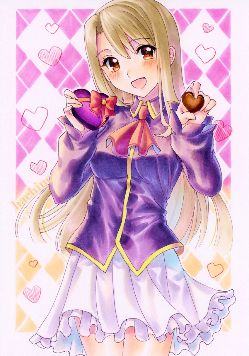 1girl ascot blush breasts candy chocolate collared_shirt commentary_request cowboy_shot fate/stay_night fate_(series) food frilled_skirt frills grey_hair hachi78b heart heart-shaped_chocolate highres holding holding_chocolate holding_food illyasviel_von_einzbern long_hair long_sleeves looking_at_viewer marker_(medium) open_mouth purple_shirt red_eyes shirt skirt small_breasts smile solo traditional_media valentine white_skirt