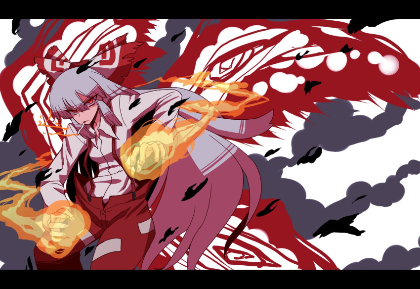 1girl bags_under_eyes bow breasts cigarette collared_shirt commentary_request feet_out_of_frame fire flaming_hand fujiwara_no_mokou grey_hair hair_between_eyes hair_bow highres kuri_dora letterboxed long_bangs long_hair long_sleeves looking_at_viewer ofuda ofuda_on_clothes open_mouth pants red_eyes red_pants shaded_face shirt sidelocks small_breasts smoke smoking solo suspenders touhou very_long_hair white_background white_bow white_shirt