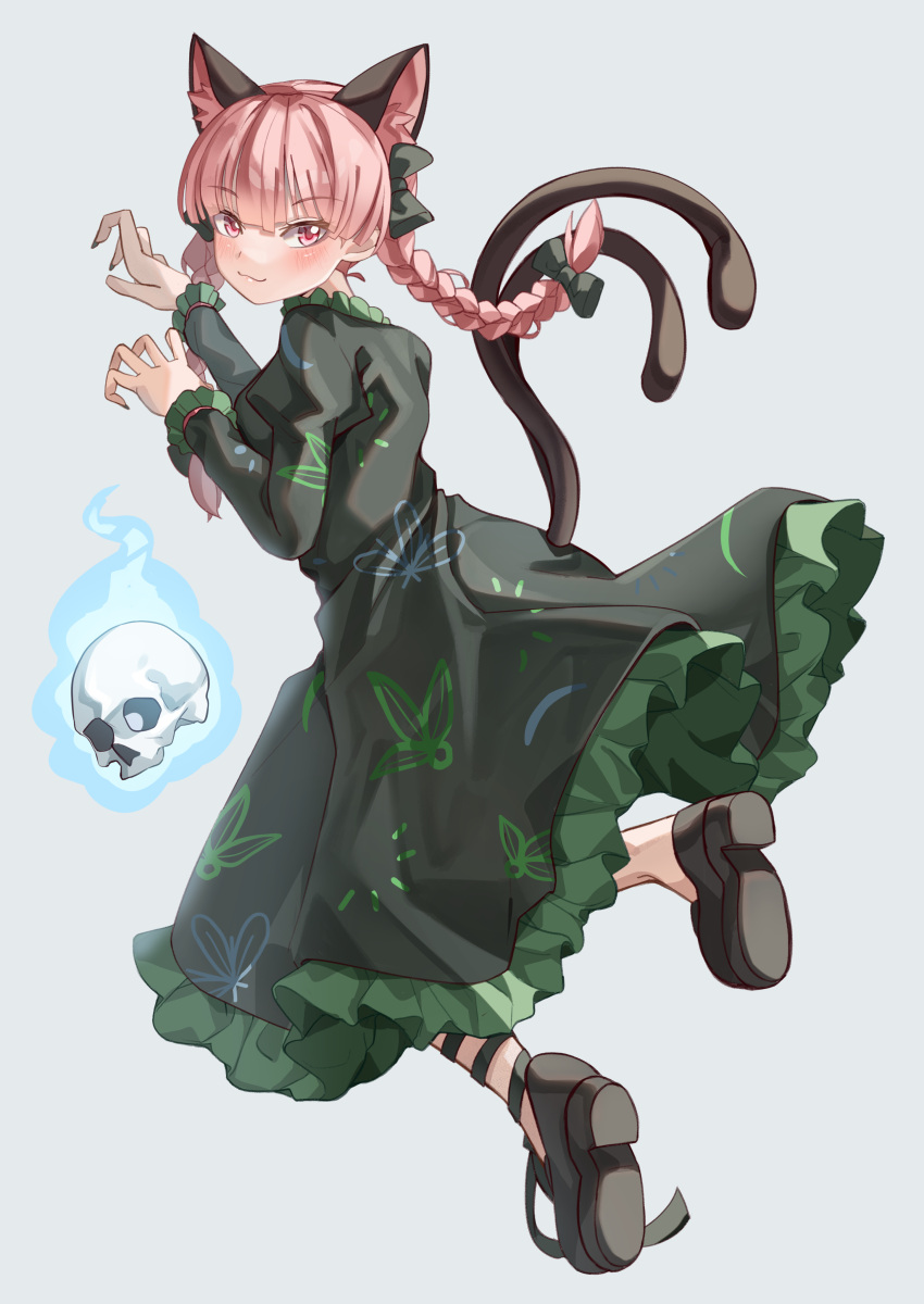 1girl absurdres animal_ears black_footwear black_nails braid cat_ears cat_tail dress fingernails full_body green_dress grey_background highres juliet_sleeves kaenbyou_rin long_fingernails long_hair long_sleeves maboroshi_mochi multiple_tails nail_polish puffy_sleeves red_eyes redhead sharp_fingernails shoes simple_background skull solo tail touhou twin_braids two_tails