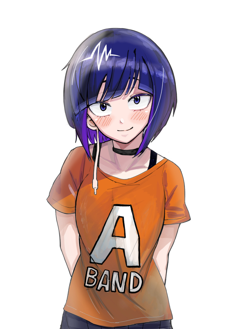 1girl 7tree absurdres arms_behind_back asymmetrical_bangs audio_jack black_choker black_skirt blue_eyes blunt_bangs blush bob_cut boku_no_hero_academia bra_strap casual choker closed_mouth clothes_writing commentary eyelashes head_tilt highres jirou_kyouka long_earlobes looking_at_viewer orange_shirt pleated_skirt purple_hair raised_eyebrows romaji_commentary shirt short_hair short_sleeves simple_background skirt smile solo standing t-shirt upper_body upturned_eyes white_background