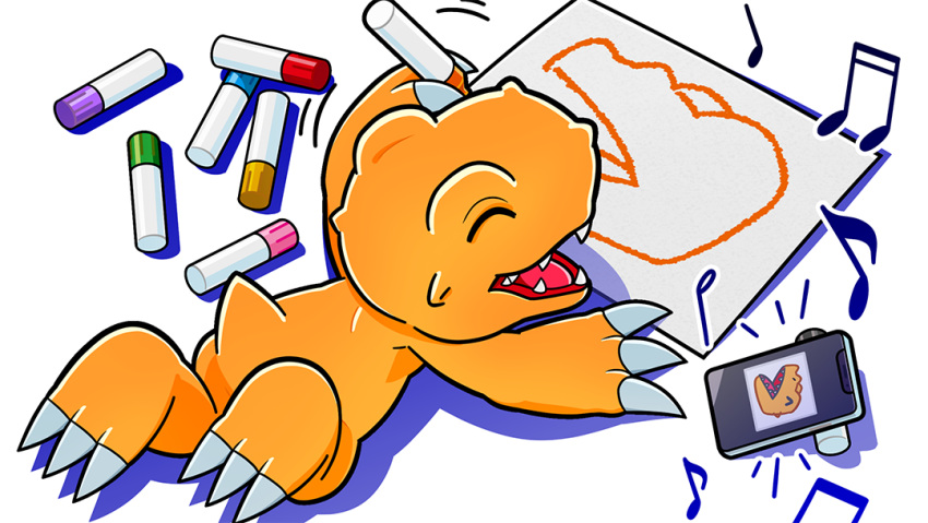agumon artist_request cellphone closed_eyes digimon digimon_(creature) drawing happy holding holding_marker left-handed lying marker musical_note no_humans official_art on_stomach paper phone smartphone