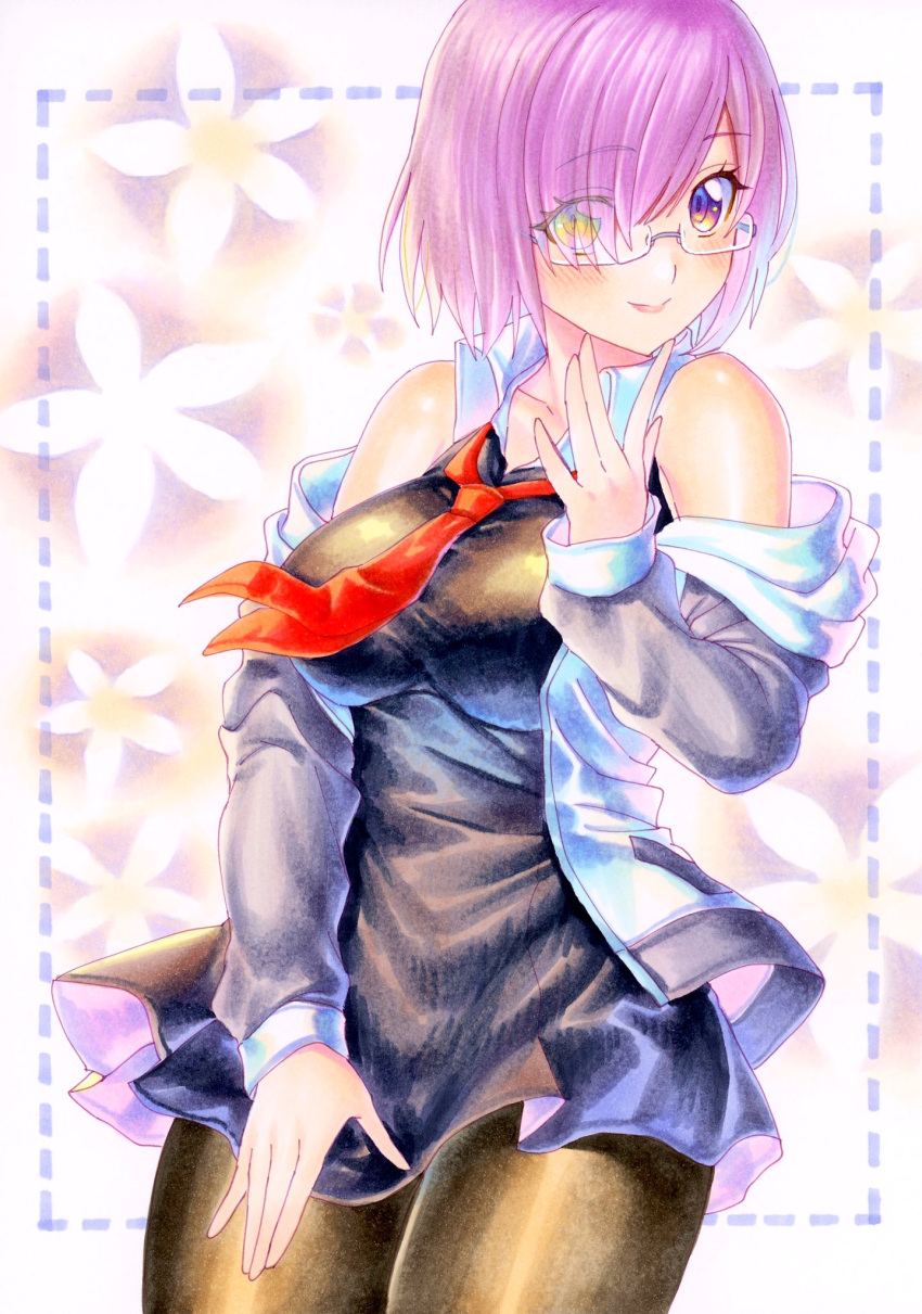 1girl bare_shoulders black_dress black_thighhighs blush breasts commentary_request cowboy_shot dress fate/grand_order fate_(series) flower glasses grey_jacket hachi78b highres jacket looking_at_viewer marker_(medium) mash_kyrielight medium_breasts necktie off_shoulder open_clothes open_jacket purple_hair red_necktie short_dress short_hair smile solo thigh-highs traditional_media violet_eyes