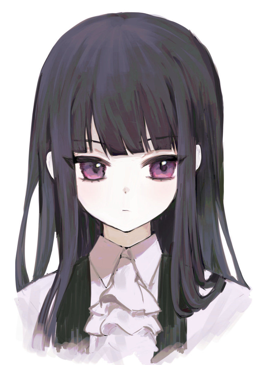 1girl absurdres ascot black_hair blunt_bangs closed_mouth collared_shirt commentary_request expressionless highres hime_cut inu_x_boku_ss long_hair looking_to_the_side shirakiin_ririchiyo shirt simple_background solo upper_body violet_eyes white_ascot white_background white_shirt yagiusagi