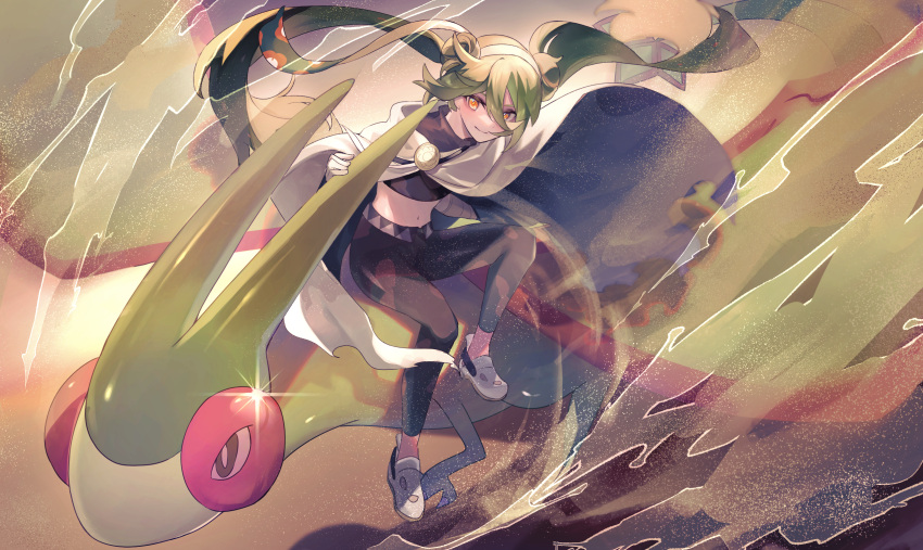 1girl bandaged_arm bandages brown_cape cape commentary crop_top double_bun dragon flygon gloves green_hair ground_miku_(project_voltage) hair_between_eyes hair_bun hatsune_miku highres long_hair midriff mipi orange_eyes pants pokemon pokemon_(creature) project_voltage sand sandstorm smile twintails very_long_hair vocaloid white_gloves