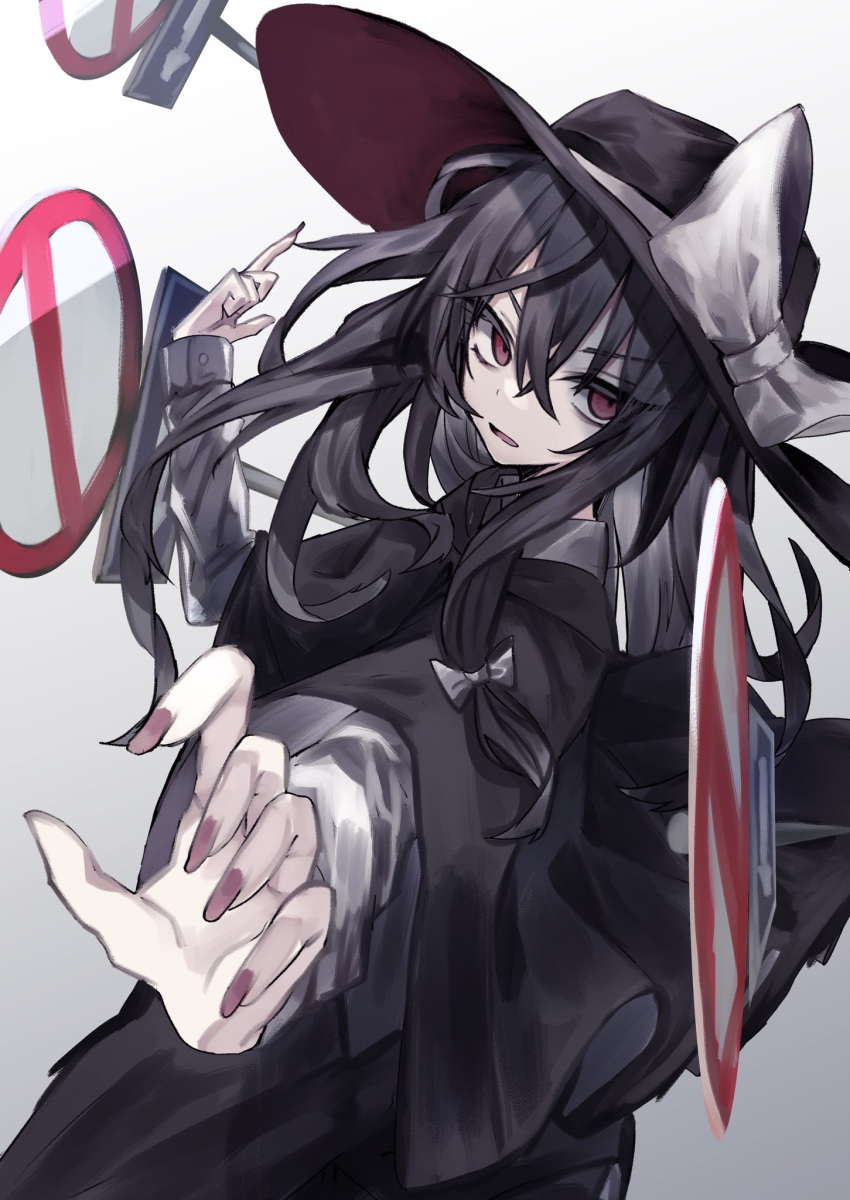 1girl black_hair black_headwear black_jacket black_pants bow empty_eyes hair_bow highres jacket long_hair long_sleeves looking_at_viewer muraryo no_entry_sign pants red_eyes red_nails road_sign shirt sign solo touhou usami_renko white_background white_bow white_shirt