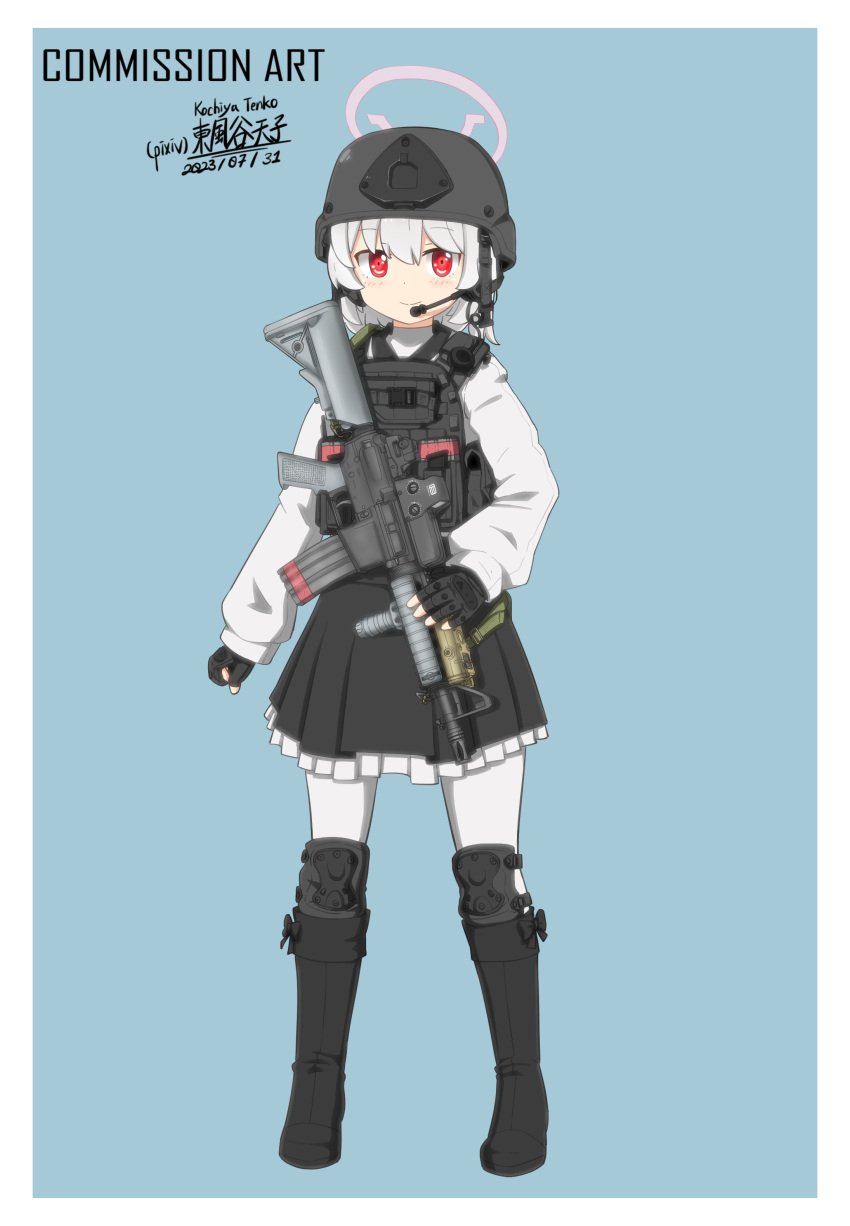 1girl absurdres ar-15 assault_rifle borrowed_character commission gun highres holding holding_gun holding_weapon kochiya_tenko loli military pixiv_commission red_eyes rifle tactical_clothes weapon white_hair