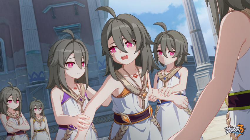 1boy 5girls ahoge arm_grab blue_sky breasts chinese_commentary clenched_hand closed_mouth clouds cloudy_sky collarbone crying crying_with_eyes_open hair_between_eyes highres honkai_(series) honkai_impact_3rd jewelry key looking_at_another medium_hair multiple_girls necklace official_art official_wallpaper open_mouth short_hair sky small_breasts tears teeth upper_teeth_only vita_(young)_(honkai_impact)