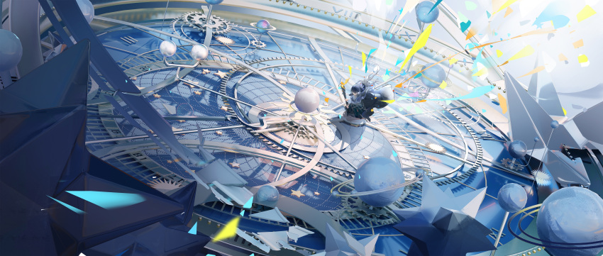 1girl absurdres arknights armillary_sphere astesia_(arknights) astronomical_clock blue_hair coffea80903 gears highres holding holding_torch kneeling long_hair orbital_ring orrery roman_numeral solo star_(symbol) stellated_octahedron torch