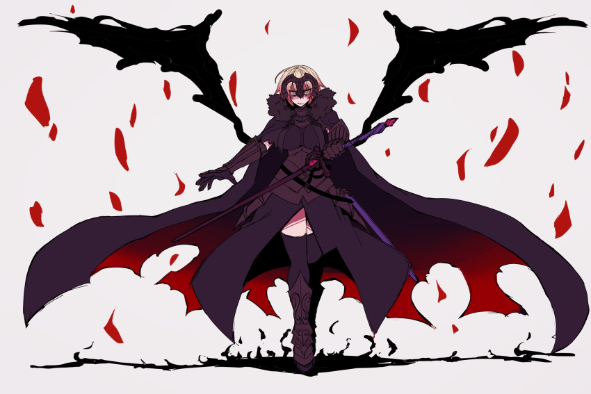 1girl armor armored_boots armored_dress bags_under_eyes black_cape black_dress black_thighhighs black_wings blonde_hair boots cape commentary_request dress fate/grand_order fate_(series) full_body fur-trimmed_cape fur_collar fur_trim gauntlets headpiece highres jeanne_d'arc_alter_(avenger)_(fate) jeanne_d'arc_alter_(fate) kuri_dora looking_at_viewer open_mouth shaded_face short_hair simple_background solo sword thigh-highs v-shaped_eyebrows weapon white_background wings yellow_eyes