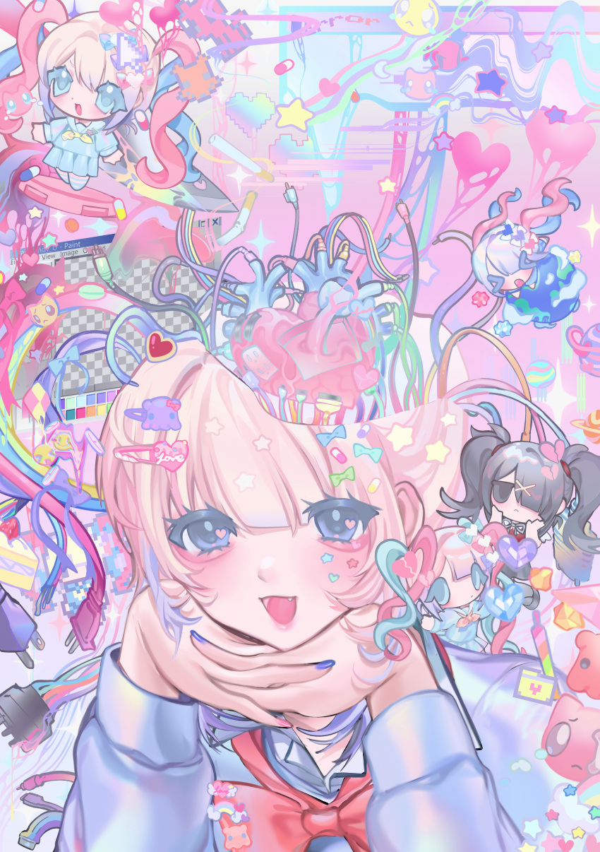 &gt;_&lt; 5girls :d absurdres ame-chan_(needy_girl_overdose) bags_under_eyes blonde_hair blue_bow blue_eyes blue_hair blue_shirt blue_skirt blush bow bowtie cable cake cake_slice chibi chouzetsusaikawa_tenshi-chan cigarette closed_mouth collared_shirt commentary cursor earth_(planet) electric_plug emoji english_commentary error_message fang figure food frown grey_eyes grey_hair hair_bow hair_ornament hair_over_one_eye hair_tie hairclip hands_on_own_chin hands_up heart heart_hair_ornament heart_in_eye highres knife long_hair long_sleeves looking_at_viewer mokiette multicolored_hair multiple_girls nail_polish needy_girl_overdose open_mouth pastel_colors pill pink_bow pink_hair pixel_heart planet pleading_face_emoji pleated_skirt purple_bow purple_sweater rainbow red_bow red_bowtie school_uniform serafuku shirt skirt smile solo_focus sparkle split_head star_(symbol) star_sticker sweater symbol_in_eye twintails upper_body violet_eyes white_shirt window_(computing) x_hair_ornament