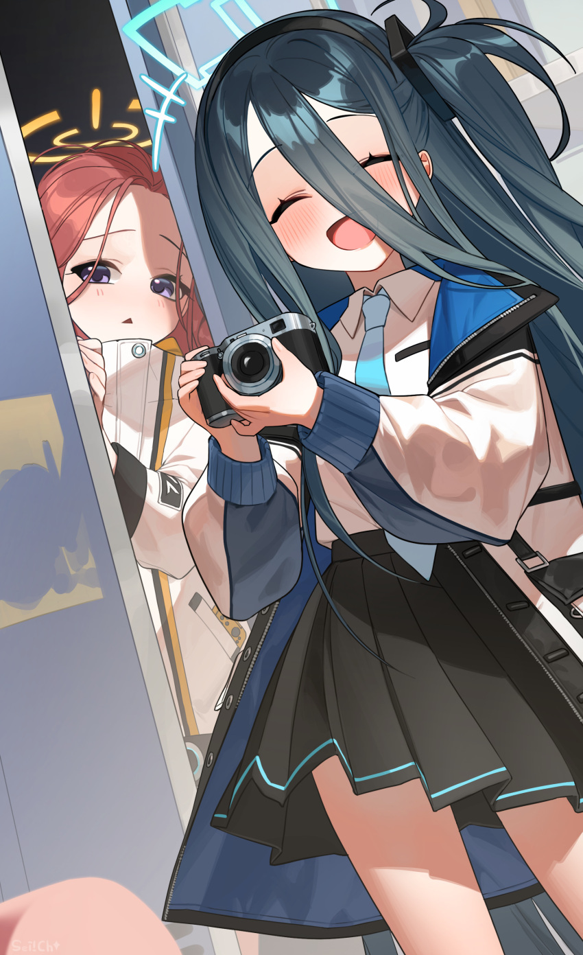 +++ 2girls absurdly_long_hair absurdres aris_(blue_archive) black_hair black_skirt blue_archive blue_halo blue_necktie blush camera closed_eyes collared_shirt cowboy_shot halo highres holding holding_camera jacket long_hair multiple_girls necktie one_side_up open_mouth pleated_skirt redhead sei!cho shirt skirt smile two-sided_fabric two-sided_jacket very_long_hair violet_eyes white_jacket white_shirt yellow_halo yuzu_(blue_archive)