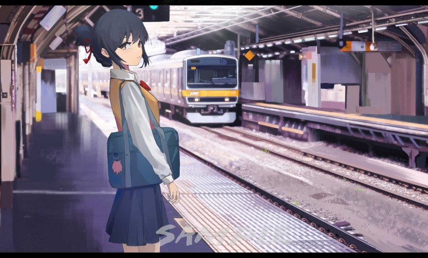 1girl absurdres anaen bag black_hair black_skirt blue_bag blurry blurry_background breasts brown_eyes brown_sweater_vest collared_shirt commentary cowboy_shot day hair_ribbon highres kimi_no_na_wa. letterboxed long_sleeves looking_at_viewer medium_breasts miyamizu_mitsuha parted_lips pleated_skirt puffy_sleeves railroad_tracks red_ribbon ribbon sample_watermark shirt shoulder_bag sidelocks skirt solo standing sweater_vest tokyo_(city) train train_station train_station_platform watermark white_shirt