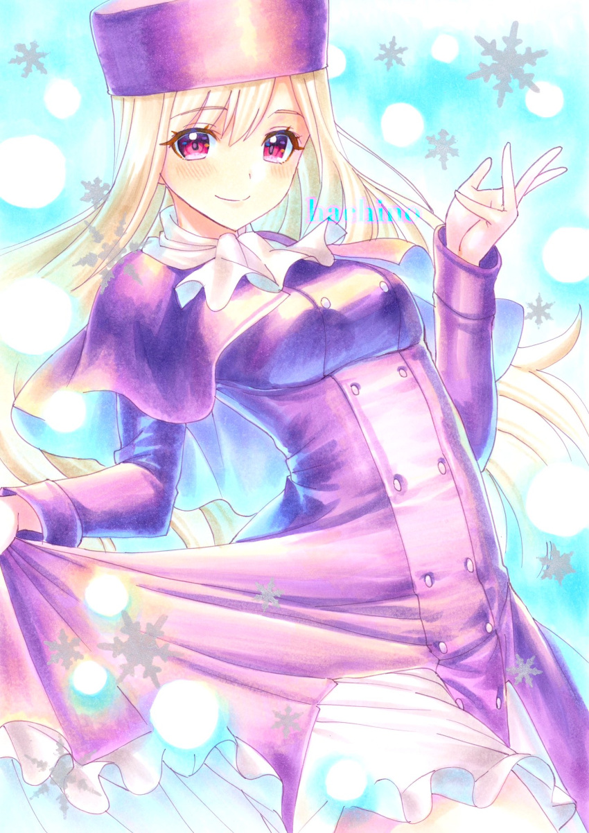1girl blush capelet coat commentary_request cowboy_shot fate/stay_night fate_(series) fur_hat hachi78b hat highres illyasviel_von_einzbern long_hair looking_at_viewer marker_(medium) papakha purple_capelet purple_coat purple_headwear red_eyes scarf skirt skirt_hold smile snowflakes solo traditional_media white_hair white_scarf white_skirt winter_clothes