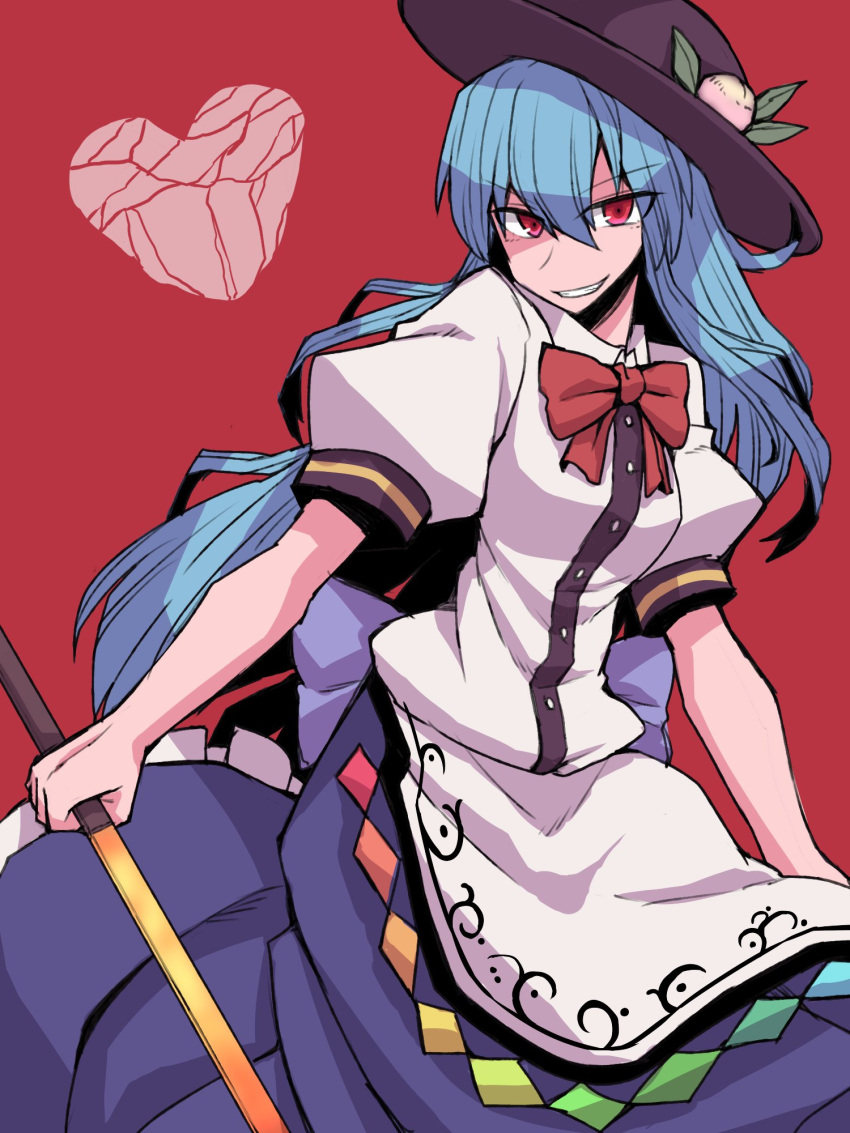 1girl apron black_headwear blue_hair blue_skirt bow bowtie breasts buttons collared_shirt commentary_request cowboy_shot eyes_visible_through_hair floating_rock grin hair_between_eyes hat highres hinanawi_tenshi keystone kuri_dora leaf_hat_ornament long_bangs long_hair looking_at_viewer one-hour_drawing_challenge peach_hat_ornament puffy_short_sleeves puffy_sleeves rainbow_gradient red_background red_bow red_bowtie red_eyes shaded_face shirt short_sleeves simple_background skirt small_breasts smile solo sword_of_hisou touhou v-shaped_eyebrows waist_apron white_apron white_shirt
