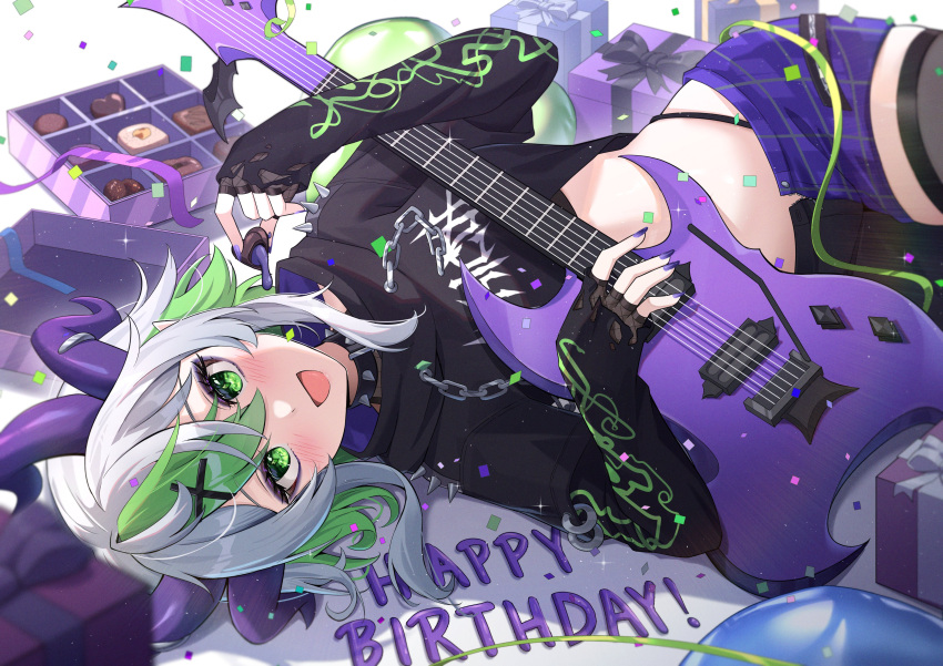 1girl absurdres ardenlolo balloon black_collar black_hoodie blush box box_of_chocolates bsapricot_(vtuber) bsapricot_(vtuber)_(8th_costume) chain chocolate collar colored_inner_hair confetti cropped_hoodie demon_girl demon_horns english_text eyeshadow fingernails food gift green_eyes green_hair hair_ornament happy_birthday highleg highleg_panties highres holding holding_chocolate holding_food holding_guitar holding_instrument hood hoodie horns instrument long_fingernails long_sleeves looking_at_viewer lying makeup multicolored_hair multicolored_pants multiple_horns nail_polish on_floor on_side open_mouth panties pants pointy_ears purple_eyeshadow purple_horns purple_nails single_thighhigh smile solo spiked_collar spikes streaked_hair thigh-highs underwear virtual_youtuber vshojo white_hair x_hair_ornament