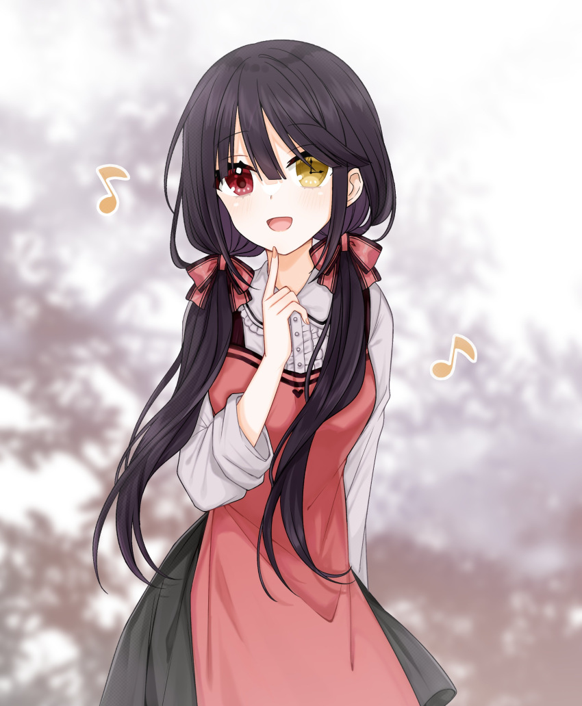1girl absurdres apron black_hair clock_eyes date_a_live hair_ribbon heterochromia highres long_sleeves low_twintails musical_note open_mouth red_apron red_eyes red_ribbon ribbon shirt solo symbol-shaped_pupils tokisaki_kurumi twintails white_shirt yukarume0927