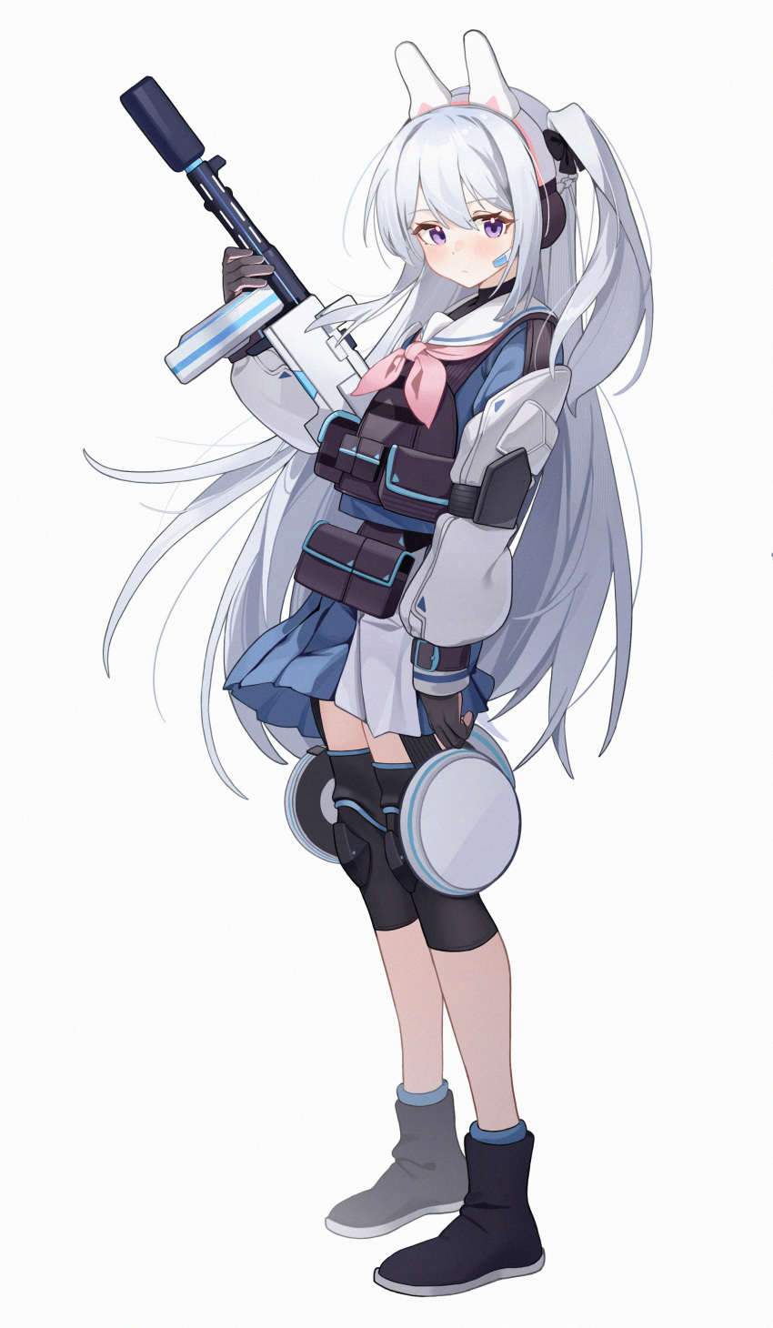 1girl absurdres animal_ears black_footwear blue_archive blue_skirt blush boots closed_mouth cyan_yu earpiece fake_animal_ears gloves grey_hair gun hair_between_eyes highres holding holding_gun holding_weapon knee_pads long_hair long_sleeves miyako_(blue_archive) neckerchief one_side_up pink_neckerchief pleated_skirt rabbit_ears sailor_collar simple_background skirt solo violet_eyes weapon white_background white_sailor_collar