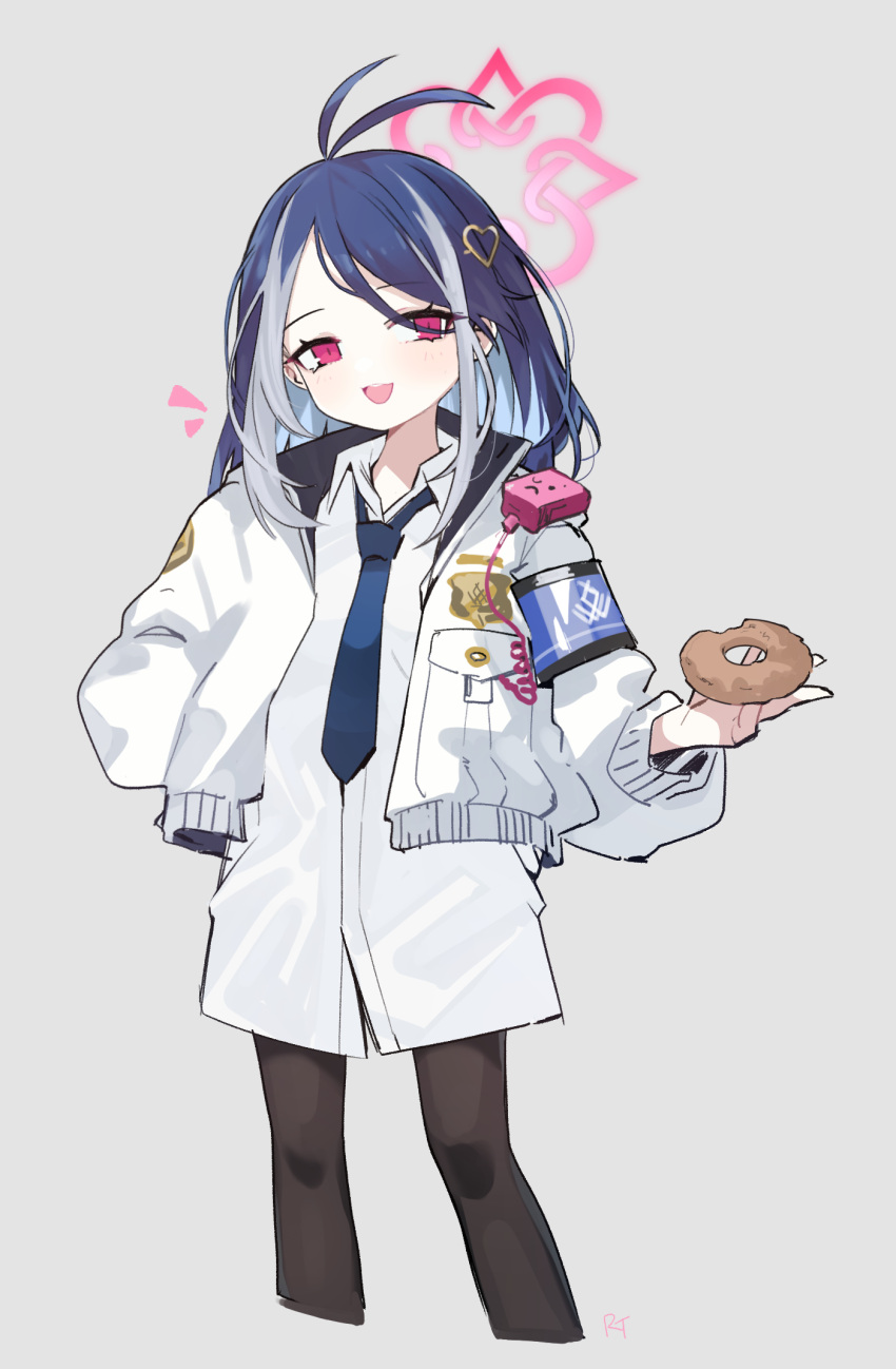 1girl alternate_hairstyle antenna_hair black_necktie black_pantyhose blue_archive blue_hair blush collared_shirt doughnut feet_out_of_frame food fubuki_(blue_archive) grey_hair hair_ornament halo highres holding holding_food jacket long_hair multicolored_hair necktie open_clothes open_jacket open_mouth pantyhose pink_halo red_eyes retri shirt signature simple_background smile solo streaked_hair white_background white_jacket white_shirt