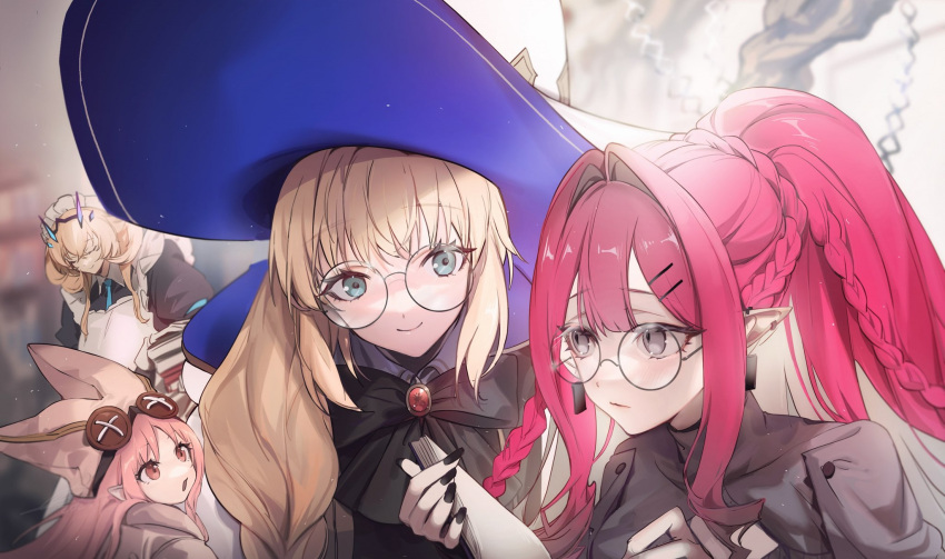 4girls apron baobhan_sith_(fate) barghest_(second_ascension)_(fate) black_nails black_ribbon blonde_hair blush book braid earrings fate/grand_order fate_(series) goggles goggles_on_head green_eyes grey_eyes habetrot_(fate) hat highres holding holding_book jewelry long_hair looking_back maid maid_apron multiple_girls no-kan pink_eyes pink_hair ponytail redhead ribbon round_eyewear smile tonelico_(fate) witch_hat