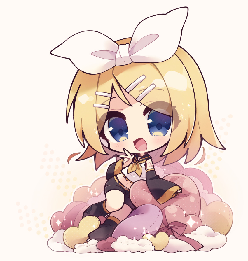 1girl :d absurdres belt belt_buckle black_shorts blonde_hair blue_eyes bow buckle chibi commentary detached_sleeves eyes_visible_through_hair full_body hair_bow hair_ornament hairclip headset heart-shaped_pillow highres kagamine_rin leg_warmers misosiru_0224 navel on_pillow open_mouth pillow sailor_collar short_hair shorts shoulder_tattoo simple_background smile solo stomach tattoo treble_clef v vocaloid white_background white_bow yellow_belt yellow_sailor_collar
