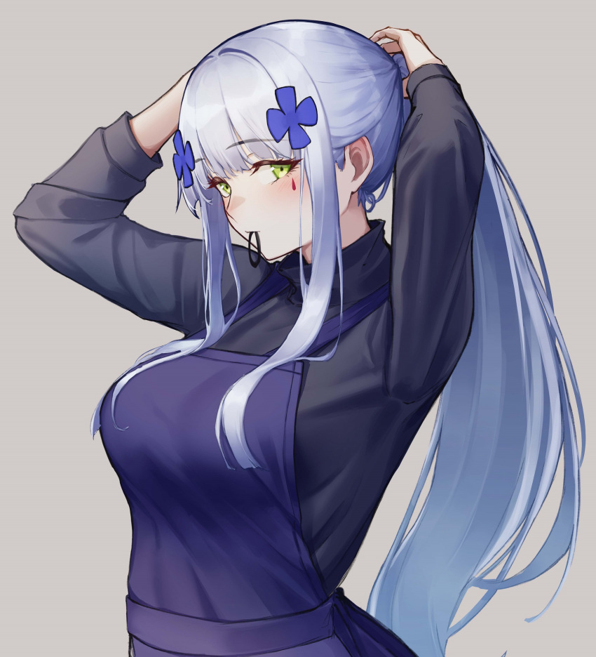 1girl 3_small_spiders apron commentary_request facial_mark from_side girls_frontline green_eyes grey_background hair_tie_in_mouth highres hk416_(girls'_frontline) long_hair long_sleeves mouth_hold ponytail purple_apron sidelocks simple_background solo teardrop_facial_mark tying_hair upper_body white_hair