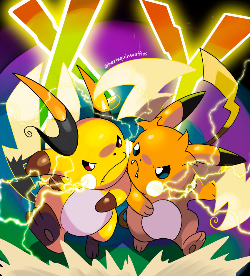 absurdres artist_name blue_eyes electricity fang fangs harlequinwaffles highres mega_pokemon mega_raichu_x mega_raichu_y mouse_(animal) multiple_tails no_humans orange_fur pokemon pokemon_(creature) pokemon_focus pokemon_legends:_z-a raichu red_eyes tail very_long_ears very_long_tail yellow_fur