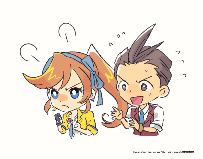 &gt;:( 1boy 1girl ace_attorney airagency1005 angry antenna_hair apollo_justice athena_cykes black_gloves blue_eyes blue_hairband blue_necktie blue_ribbon bracelet brown_eyes brown_hair chibi clenched_hands closed_mouth collared_shirt crescent crescent_earrings cropped_torso earrings english_text flying_sweatdrops gloves hair_ribbon hairband hands_up highres jacket jewelry lapel_pin lapels long_hair necklace necktie nervous_smile open_clothes open_collar open_jacket open_mouth orange_hair partially_fingerless_gloves red_vest ribbon shirt short_hair side_ponytail sidelocks simple_background single_earring single_glove sleeve_cuffs sleeves_past_elbows sleeves_rolled_up smile sweat swept_bangs upper_body v-shaped_eyebrows very_long_hair vest white_background white_shirt yellow_jacket
