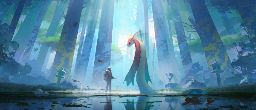1boy absurdres asteroid_ill backpack bag beautifly brown_hair facing_another forest highres light_particles looking_at_another milotic nature orbeetle partially_submerged pokemon quagsire reflection scenery short_hair silhouette standing tagme tree water