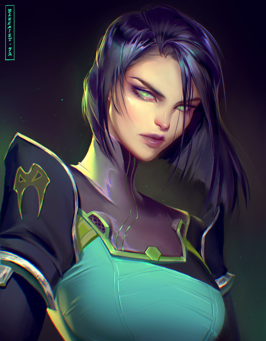 1girl asymmetrical_hair black_hair bluemist72 blunt_ends commentary dark_background english_commentary expressionless green_eyes highres lips looking_at_viewer purple_lips short_hair simple_background solo upper_body valorant viper_(valorant)