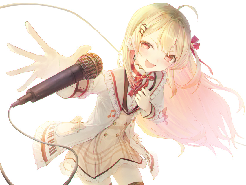 1girl absurdres ahoge black_thighhighs blonde_hair brown_dress dress hair_ornament hair_ribbon highres hinatan_(hinatan_krnk) holding holding_microphone hololive hololive_dev_is jacket long_hair looking_at_viewer microphone musical_note musical_note_hair_ornament open_mouth otonose_kanade red_ribbon ribbon smile solo thigh-highs virtual_youtuber white_background white_jacket yellow_eyes